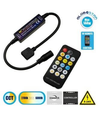 GLOBOSTAR® CCTCONTROLLER 73356 Σετ Dimmer - Controller με RF Ασύρματο Χειριστήριο με 2 x 3A 72W Κανάλια DC 12-24V 6A 144W Max IP20 - RF2.4Ghz - Μ8.3 x Π8.3 x Υ3.2cm - 2 Χρόνια Εγγύηση